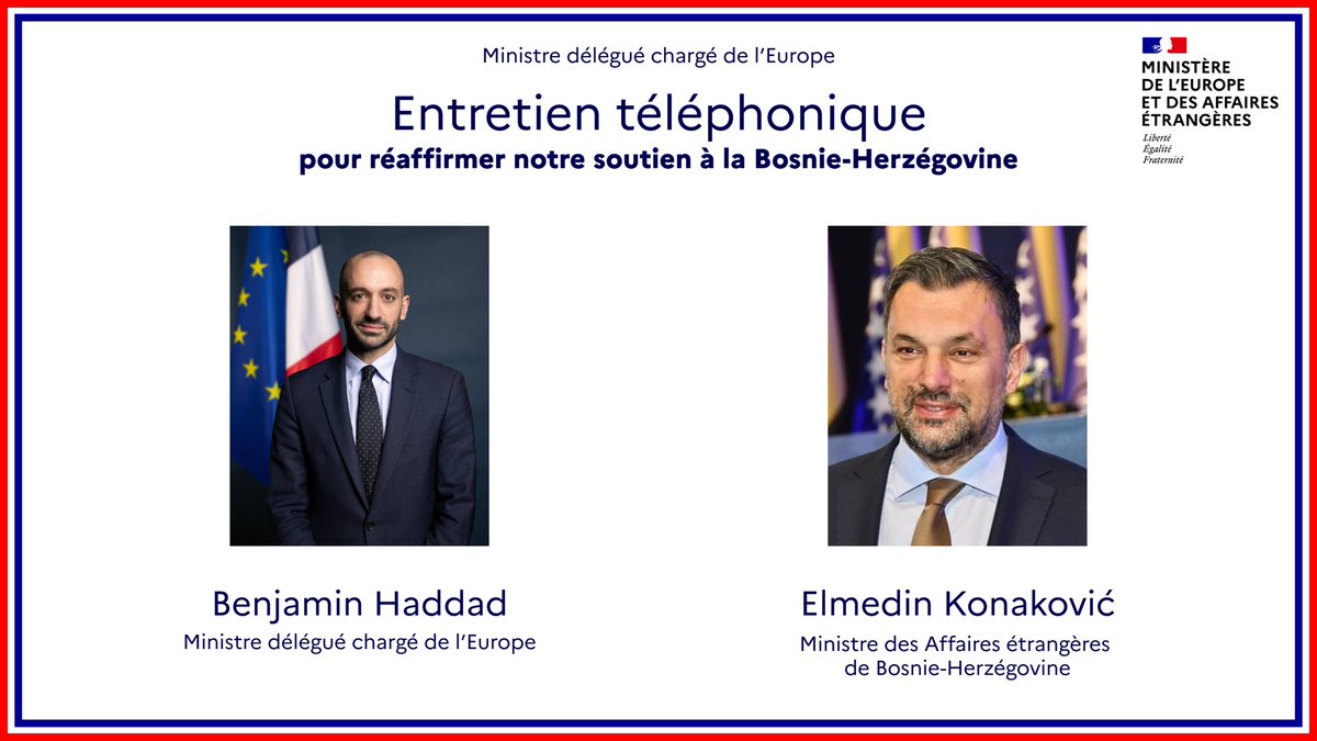 Benjamin Haddad (@benjaminhaddad) on Twitter photo Je me suis entretenu avec <a href="/DinoKonakovic/">Elmedin Dino Konaković</a>, ministre des Affaires étrangères de Bosnie-Herzégovine 🇧🇦.
J’ai réaffirmé le soutien de la France à l’unité, la souveraineté et le chemin européen de la 🇧🇦. La stabilité des Balkans occidentaux est une priorité. Je me suis entretenu avec <a href="/DinoKonakovic/">Elmedin Dino Konaković</a>, ministre des Affaires étrangères de Bosnie-Herzégovine 🇧🇦.
J’ai réaffirmé le soutien de la France à l’unité, la souveraineté et le chemin européen de la 🇧🇦. La stabilité des Balkans occidentaux est une priorité.