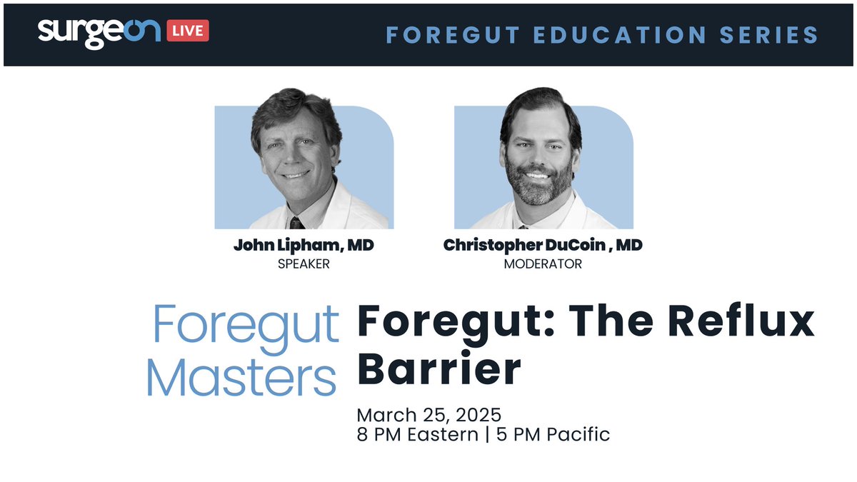 We’re getting closer! In three days, Dr. John Lipham will share expert insights on The Reflux Barrier in the Foregut Education Series. Moderated by Dr. <a href="/ChrisDuCoin/">Christopher DuCoin</a>. Don’t miss it—March 25 at 8 PM ET.

Event link: hubs.li/Q03bJc4W0

#SurgeOn #MedTwitter #SoMe4Sugery