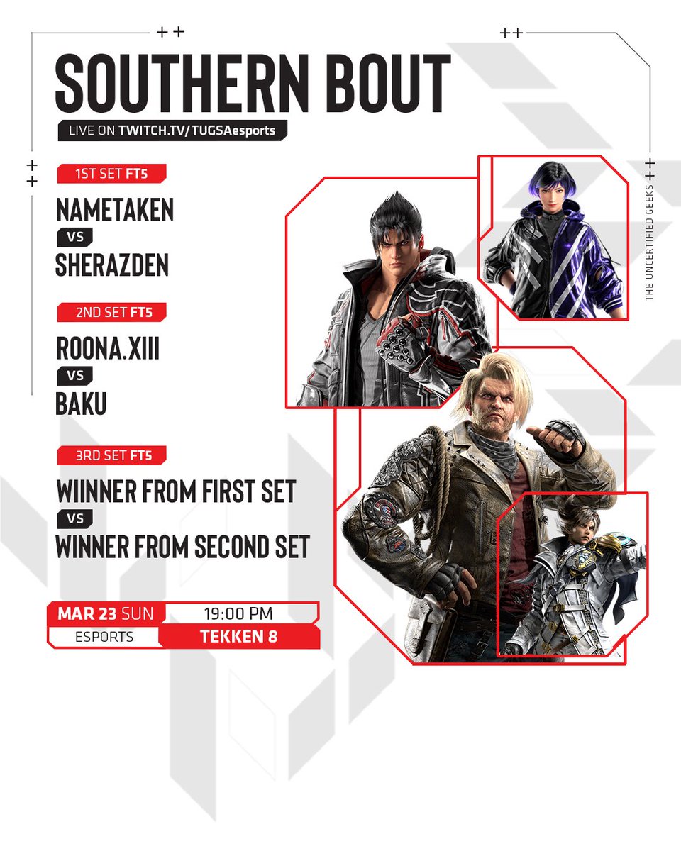 Southern Bout 6 

Get ready for another Southern Bout episode coming to you live tomorrow @ 7pm! 

This week’s scuffle we’ll be seeing SherazDen facing off against our fellow TUG members, but will he be prepared to take down our reigining champ this week👀