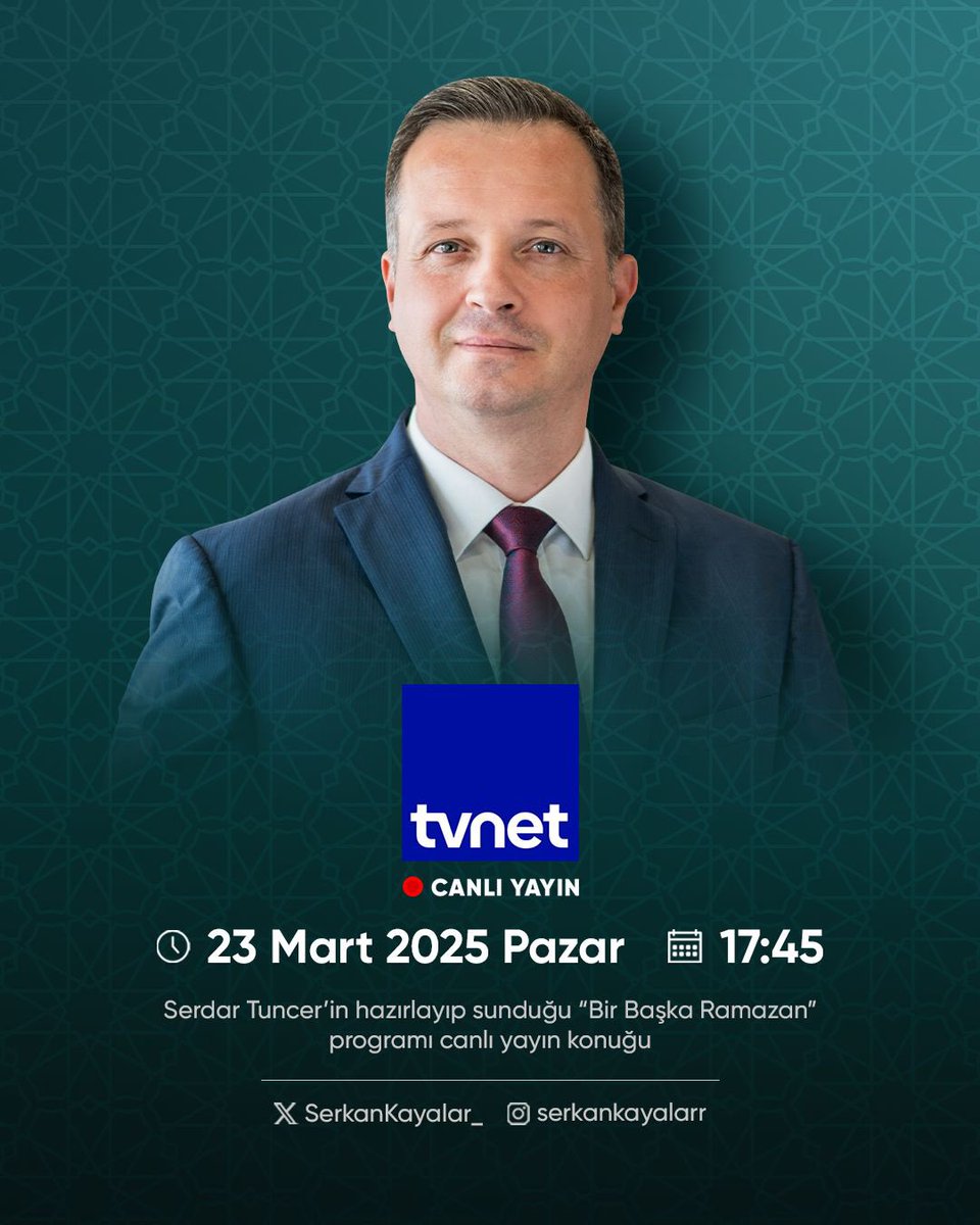 🗓️ 23 Mart 2025 Pazar
🕖 17:45

📺TİKA Başkanı <a href="/SerkanKayalar_/">Serkan Kayalar</a>, <a href="/tvnet/">TVNET</a> ekranlarında Serdar Tuncer’in (<a href="/yaziyor/">Serdar Tuncer</a>) hazırlayıp sunduğu “Bir Başka Ramazan” programının canlı yayın konuğu olacak.

#BirBaşkaRamazan
