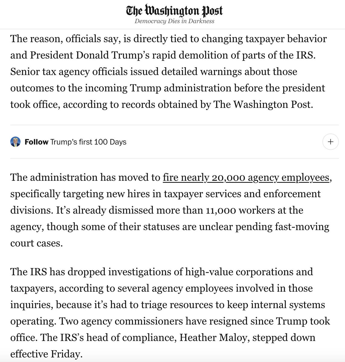 🚨Big SCOOP: Tax revenue could drop by **10%** this year, per sources, as taxpayers and businesses see the Trump admin as less likely to challenge tax cheats.  

That'd be **$500 BILLION** in lost revenue.

Link in thread ⤵️