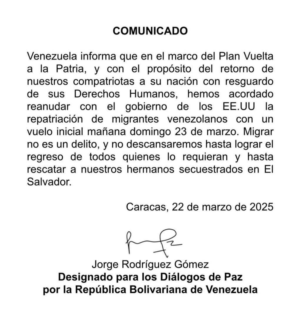 #AHORA Jorge Rodríguez informó que a partir de este domingo 23 de marzo se reanudarán los vuelos de repatriación de migrantes venezolanos desde #EEUU.
