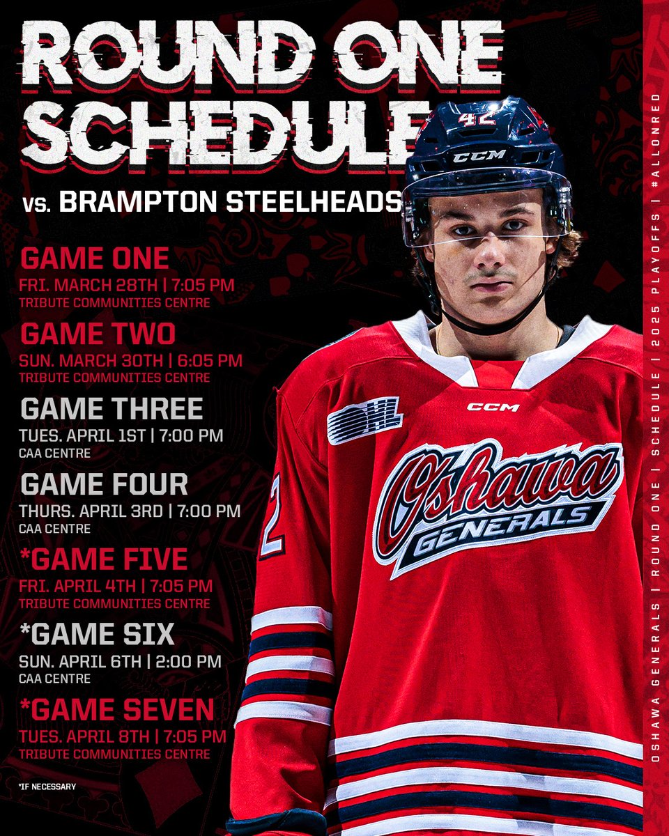 Oshawa_Generals's tweet photo. #GensNation Get your round one playoff tickets now! Ticket office is open until 4pm or get them online ‼️

🎟️ Tickets | https://t.co/zzkRjpuN26

#AllOnRed https://t.co/TRbszsFE1U