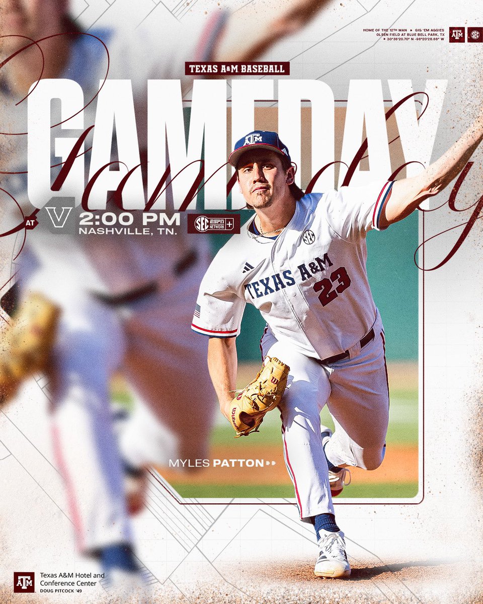 AggieBaseball's tweet photo. Game 3️⃣ vs Vanderbilt 

⏰ 2PM
📍 Hawkins Field
📺 SECN+

#GigEm | @TAMUHotelCC https://t.co/AcaUmdbNPC