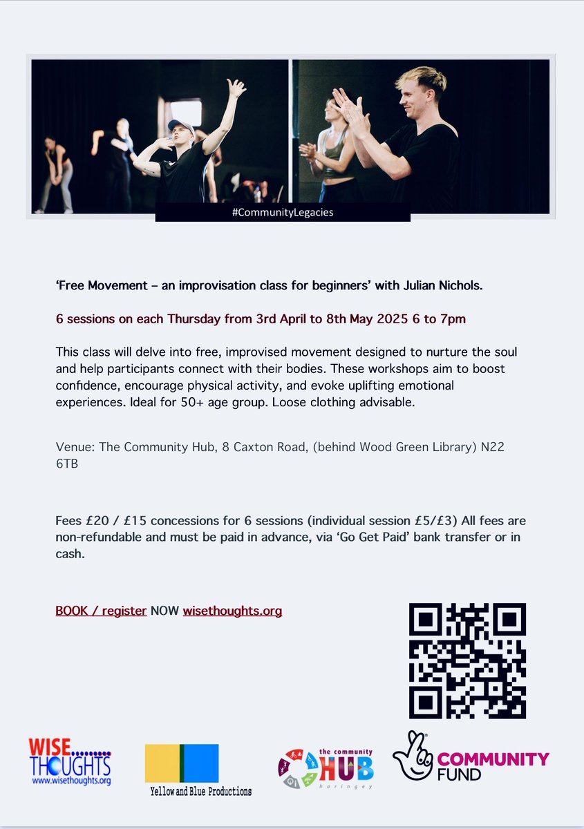 #CommunityLegacies 6 Dance Workshops on Thursdays - 3rd April to 8th May - Booking open : wisethoughts.org/wise-thoughts-…