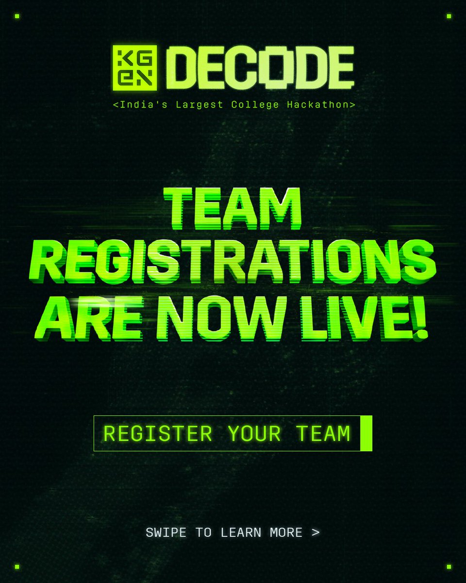 KGeN_Community's tweet photo. Brb, gonna put my coding skills for Decode Season 1 💀

With registrations from 200+ colleges across India, the hype is REAL

Y'all want to give it a shot too? Don’t miss out—register your team now!  👇🏼

📍Register here
https://t.co/MyRY7Iv2KO

📍For more deets 
https://t.co/QN945ei8c7