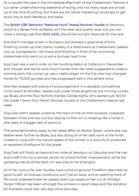 👏 Top shout, <a href="/asquith5/">Andrew Asquith</a>!

💰 SIOG GEAL is a 𝟮𝗽𝘁 𝘄𝗶𝗻𝗻𝗲𝗿 𝗮𝘁 𝟲/𝟭 for our man's Weekend View column, as she scores at <a href="/NewburyRacing/">Newbury Racecourse</a> for <a href="/FOBRacing/">Fergal O'Brien Racing</a>!