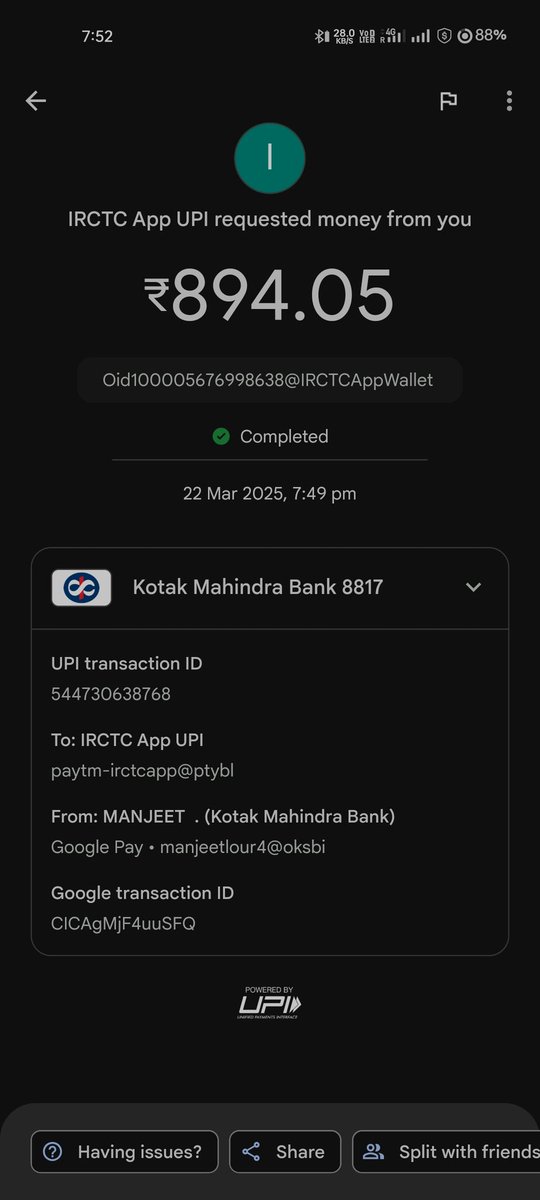 Manjeetlour's tweet image. Dear @RailMinIndia, I made the payment for my ticket, but the booking failed, and I didn’t receive my ticket. Kindly process my refund at the earliest. Transaction details: [Oid100005676998638@IRCTCAppWallet]. Please look into this issue. #IRCTC #RefundRequest #IndianRailways