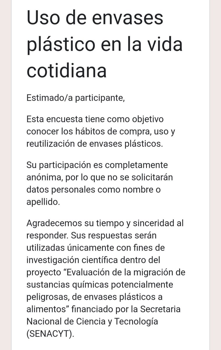 Se agradece completar esta encueta del Grupo de investigación de Química de la Universidad de Panamá: forms.gle/KUhLPahdTBMSHM…
Su participación es fundamental para el desarrollo de esta investigación para  conocer sobre la seguridad de los plásticos en contacto con alimentos.
