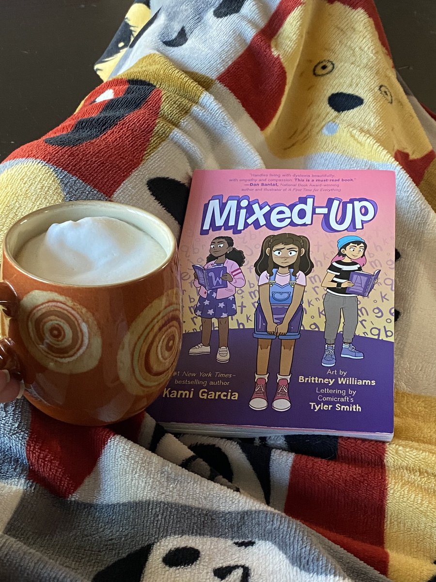 lori_huntsman's tweet photo. My morning therapy…homemade latte and reading Mixed-Up by @kamigarcia 💜 We all need a supportive crew. I wanna be the teacher that’s making a difference in my learners lives. Filling my shelves with #graphicnovels is one way 📚 #dyslexia #LearningDifferences #RetrainYourBrain https://t.co/uTFKohwpms
