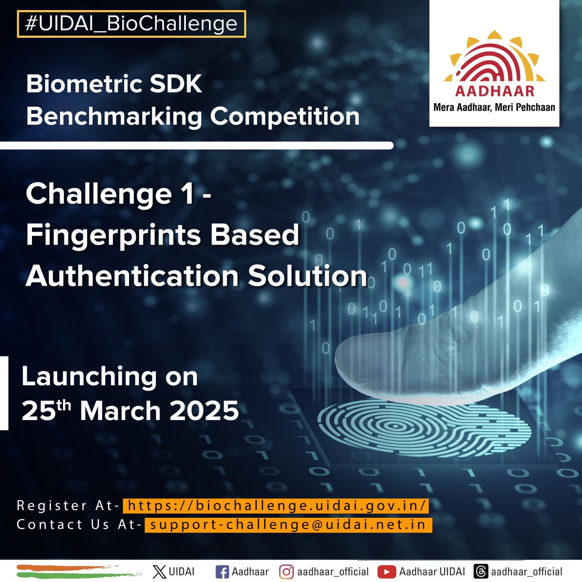 UIDAIMumbai's tweet image. #UIDAI_BioChallenge मध्ये सामील व्हा! यू. आय. डी. ए. आय. ची बायोमेट्रिक एस. डी. के. बेंचमार्किंग स्पर्धा 25 मार्च 2025 पासून सुरू होत आहे-आव्हान 1: बोटांचे ठसे आधारित प्रमाणीकरण उपाय नवनिर्मितीमध्ये योगदान देण्याची संधी गमावू नका! नोंदणी करण्यासाठी, भेट द्याः