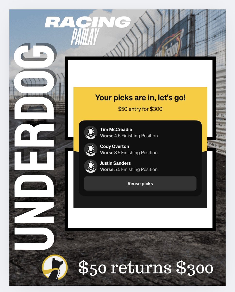 Bad night last night. I love these 3 lines for tonight. 
11-8 (+36.1 units)

 ❤️ if you’re tailing

Get in now with the link below before the odds change. 🏁
#underdog #worldofoutlaws #highlimitracing #usacracing
21+. Gamble responsibly

play.underdogfantasy.com/mfaccinto4
Link for new