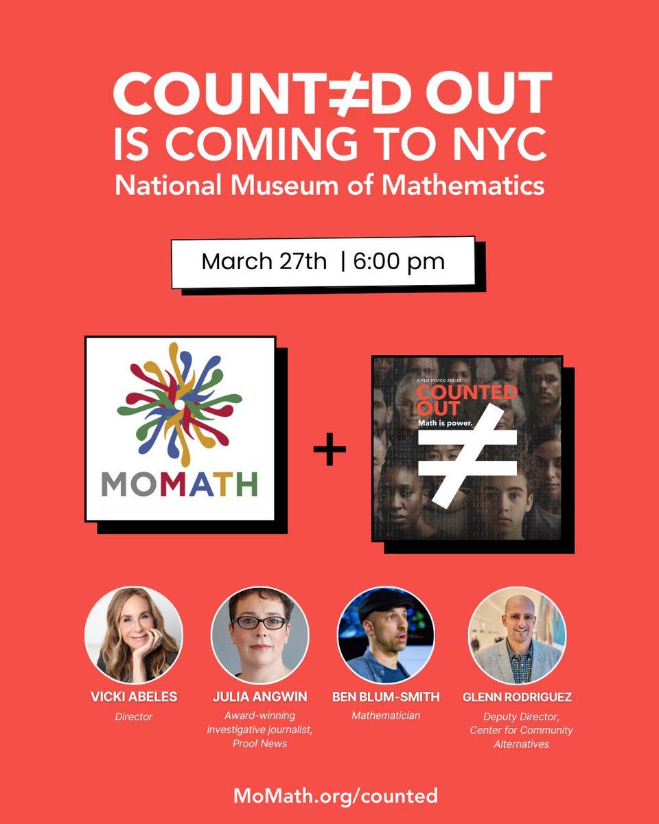 Join us for a special Counted Out screening at <a href="/MoMath1/">National Museum of Mathematics</a> ! Director Vicki Abeles, Glenn Rodriguez, Julia Angwin, and Ben Blum-Smith in conversation at the intersection of math, civic discourse, economic opportunity, and democracy.#CountMeIn #ReimagineMath

momath.org/counted
