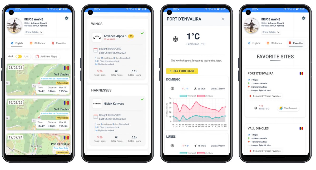 Menairomaps's tweet image. Menairó Pilots is a PWA to track paragliding flights, gear, and weather. 🪂 Data is stored securely on your device. Backup in JSON/CSV,  iOS, Android, Windows &amp;amp; Linux. 🌍
Start logging your flights securely and offline today! 🌟

#MenairóPilots  #Paragliding #FlightTracking