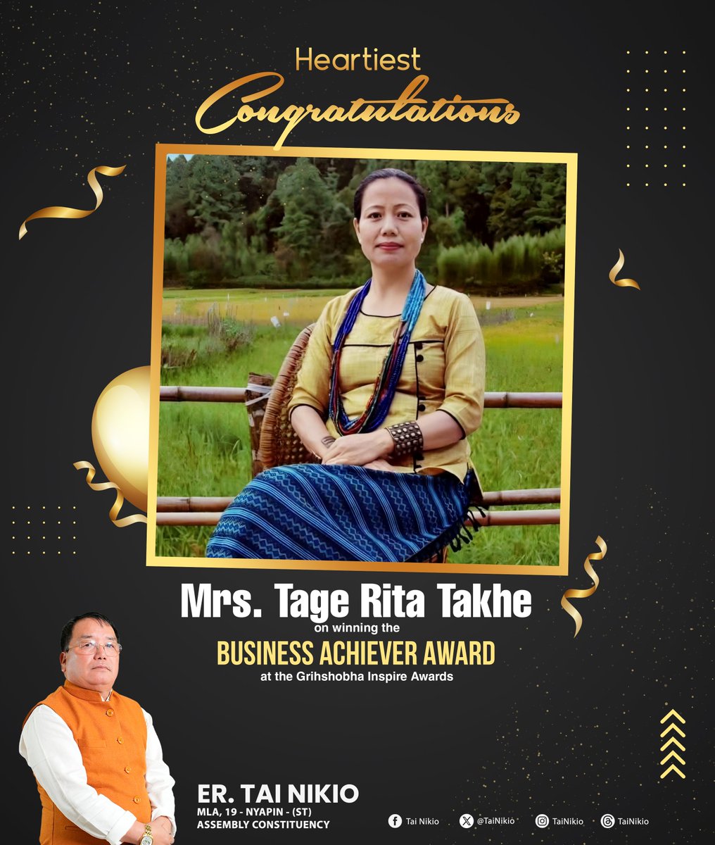 Tai_Nikio_BJP's tweet photo. Heartiest congratulations to Tage Rita Ji on winning the Business Achiever Award at the Grihshobha Inspire Awards! As the visionary behind Naara Aaba, India’s first kiwi winery, she set a remarkable benchmark in innovation and sustainability. 

Wishing her greater heights ahead https://t.co/N8zONCNrF4