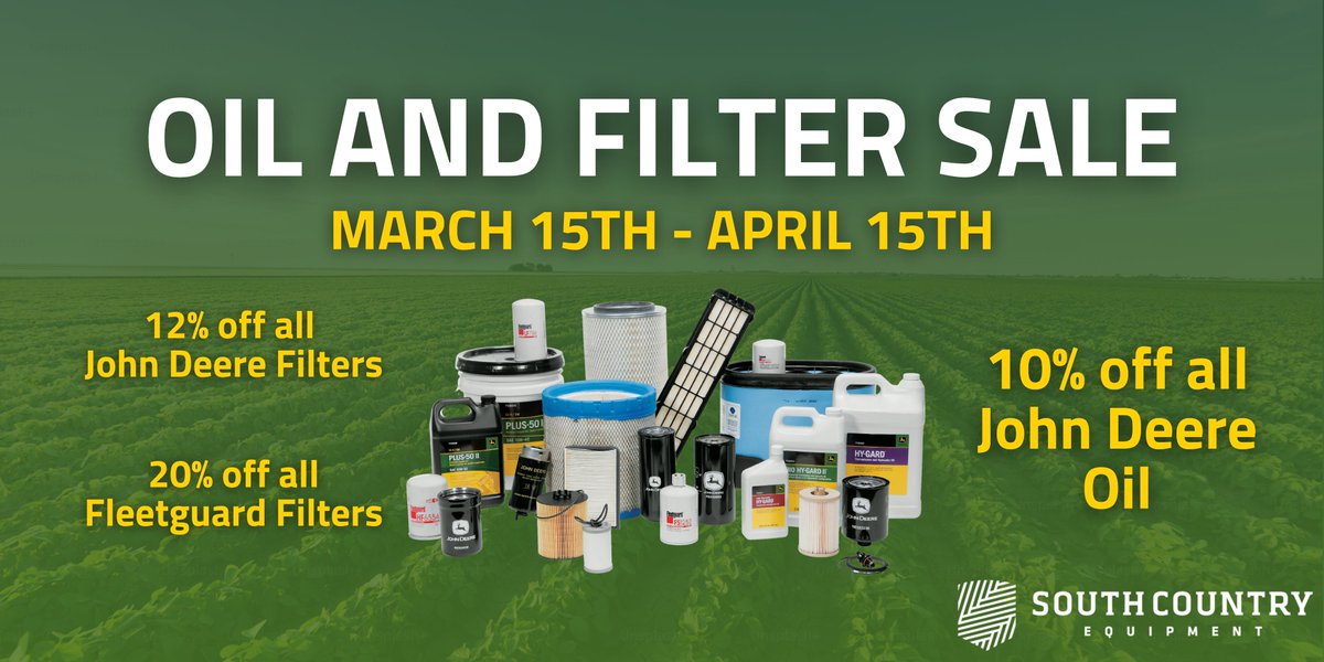 The Oil &amp; Filter Sale is back!

Shop the sale at one of our 8 locations, on shop.deere.com or through our customer portal.

Sale ends April 15th.