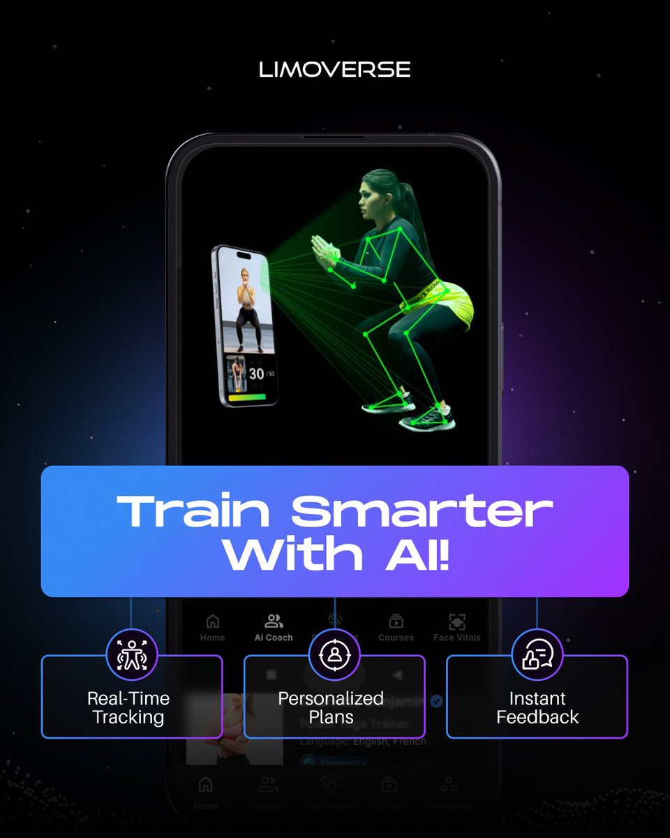 limoverseglobal's tweet photo. Meet your AI Personal Trainer — built with cutting-edge technology! 🚀

Say goodbye to bad form and ineffective workouts. Train smarter with AI-powered precision and real-time feedback — anytime, anywhere.

No more guesswork. Just smarter training for better results! 🔥 https://t.co/vcUX3p0aX9
