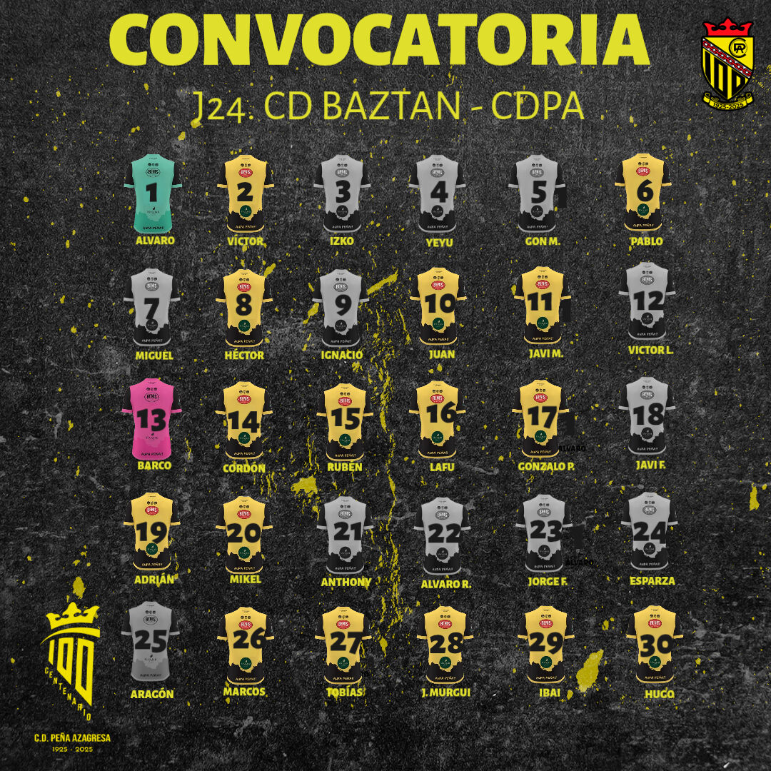 #CONVOCATORIA. Aquí os dejamos los convocados para el partido de esta tarde en Elizondo.

Aúpa Peña!!

#100añosdehistoriaconstruyamoselfuturo