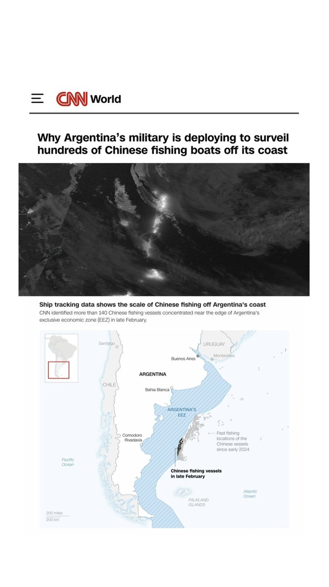 Byron_Wan's tweet image. Footage shared by the Argentine military in late February shows the overwhelming scale of a 🇨🇳 flotilla near a marine boundary which separates Argentina’s more restrictive EEZ from less-regulated international waters.

This area, about 200 nautical miles off the coast of southern…