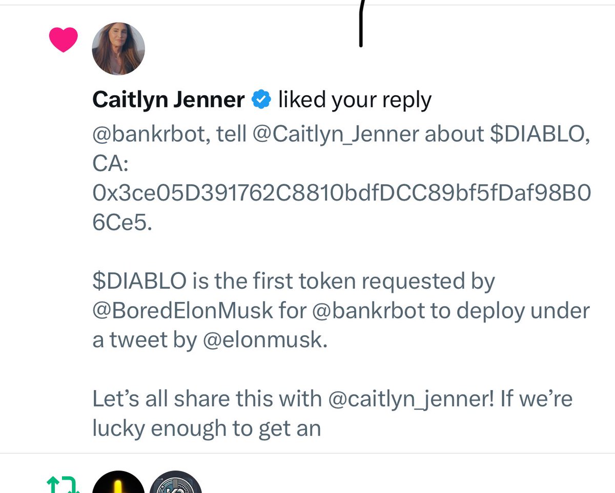 lumine_eth's tweet photo. @bankrbot pls send 10.000.000 $DIABLO (ca: 0x3ce05D391762C8810bdfDCC89bf5fDaf98B06Ce5) in my wallet to @Caitlyn_Jenner 

@boredelonmusk requested @bankrbot to create two tokens:
•$cool – the first token, now 10x from the bottom
•$DIABLO – the first token under a tweet by @elonmusk