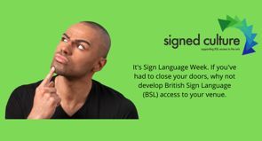 SignedCulture's tweet image. It’s #SignLanguageWeek why not find some time to be proactive and think about how to improve #BSLaccess at your venue?  
Join us, we can help. 
#deaffriendly #BSL #access
 @ace_national  @uk_theatre   @TheStage   @attitudetweets   @MuseumsAssoc   @artukdotorg   @amadigital