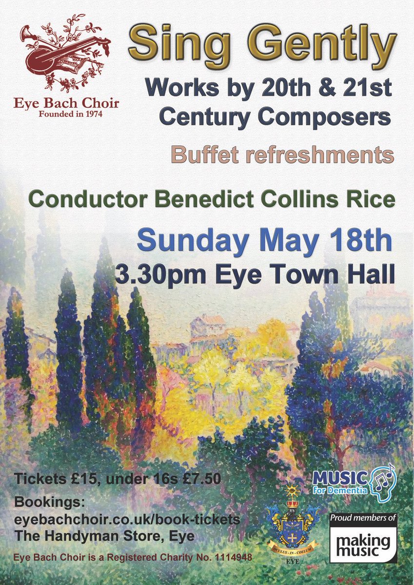 EyeBachChoir Suffolk (@eyebachchoirsu1) on Twitter photo The choir welcomes you along to this May 18th afternoon performance of works by 20th & 21st century composers. Conductor: Benedict Collins Rice.
Earlybird two-ticket discount still available. Buffet refreshments included 😋🤗
<a href="/B_CR_/">Benedict Collins Rice</a>
<a href="/LetsTal95240033/">oureye</a>
<a href="/Eye_Suffolk/">EyeSuffolk.org</a>
#eyetownhall The choir welcomes you along to this May 18th afternoon performance of works by 20th & 21st century composers. Conductor: Benedict Collins Rice.
Earlybird two-ticket discount still available. Buffet refreshments included 😋🤗
<a href="/B_CR_/">Benedict Collins Rice</a>
<a href="/LetsTal95240033/">oureye</a>
<a href="/Eye_Suffolk/">EyeSuffolk.org</a>
#eyetownhall