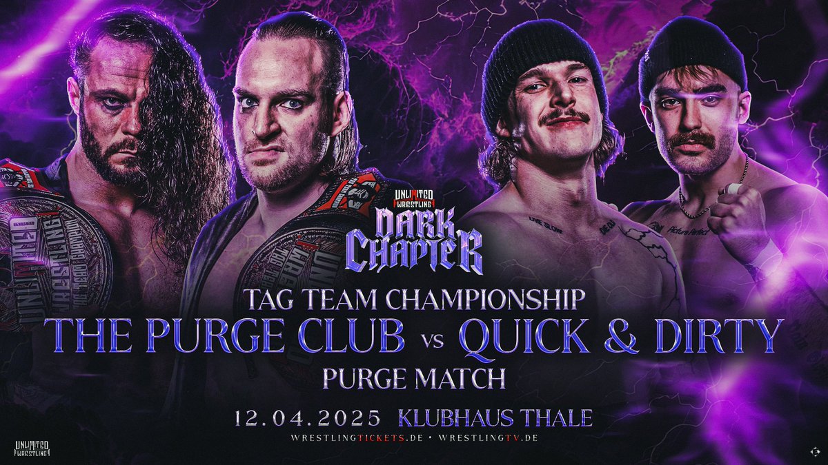 Nach der überraschenden Niederlage in Hamburg gibt der Purge Club Quick &amp; Dirty bei DARK CHAPTER eine Chance auf die Tag-Titel. Doch um das Gold zu holen, müssen die Hamburger Jungs ein Purge Match gewinnen.

Keine Regeln. Keine Tabus. Nur mehr Gewalt.

🎟️wrestlingtickets.de