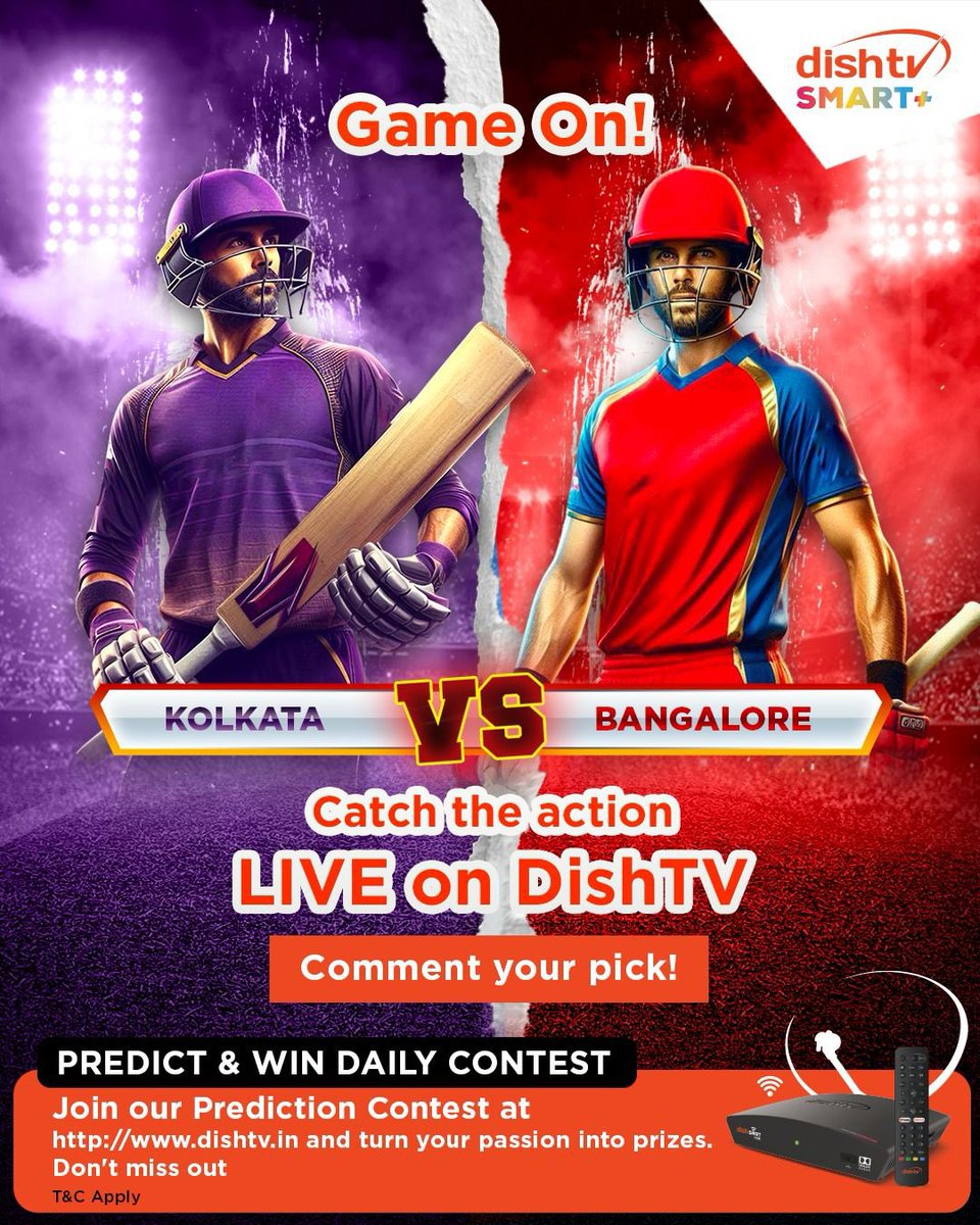 Game On! ⚡🏏

The battle lines are drawn—KKR vs RCB! Who’s got your support?

Catch the action LIVE on DishTV! 📺🔥

Drop your predictions in the comments &amp; stand a chance to win exciting rewards! 🎁🏆

#GameOn #KKRvsRCB #DishTV