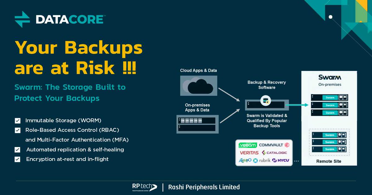 rptechindia's tweet image. 𝗕𝗮𝗰𝗸𝘂𝗽𝘀 𝗮𝗿𝗲 𝗮𝘁 𝗿𝗶𝘀𝗸! Ransomware &amp;amp; failures can wipe them out. Stay protected with Swarm – secure, S3-compatible, always recoverable.

Learn more: datacore.com/solutions/data…

📩enquiry@rptechindia.com

#BackupSecurity #RansomwareProtection #CyberResilience #DataCore
