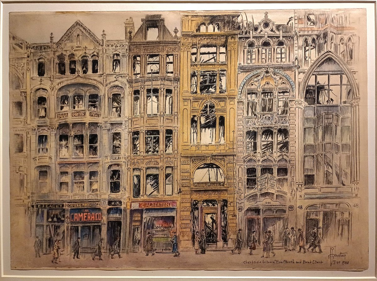 LondonOnGround's tweet image. 1/2 'Cheapside between Bow Church and Bread Street' by Richard Matthews, Dec 1940, showing shops and offices damaged in the Blitz, from the excellent 'London in the Second World War' exhibition at The @LondonArchives
#cheapside #WorldWarII #theblitz #londonatwar #richardmatthews