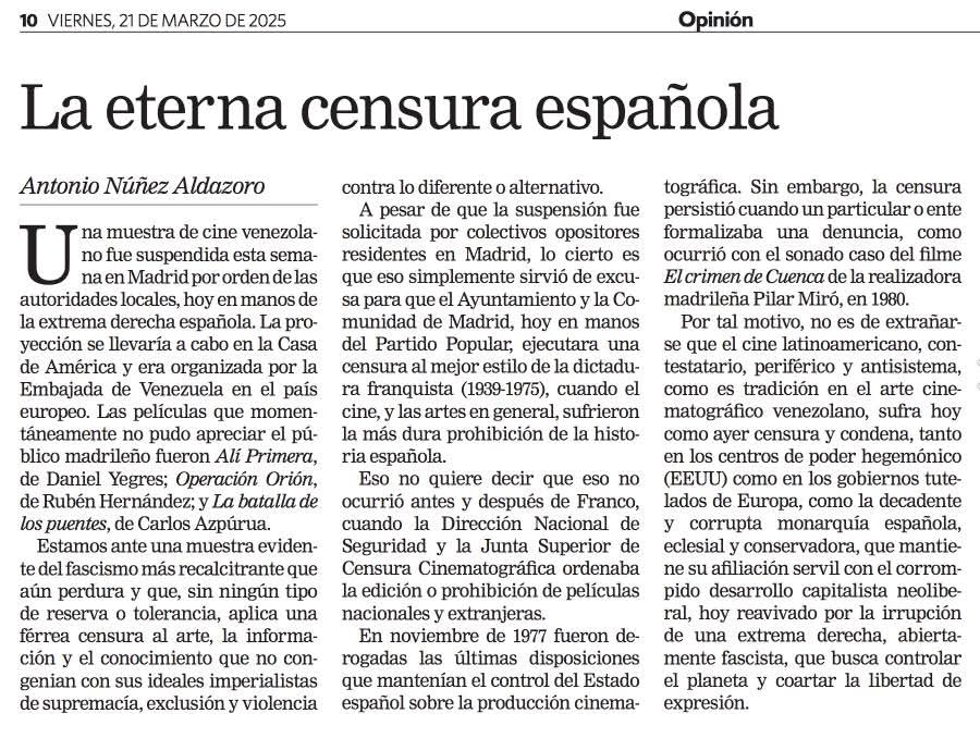 #Hoy #21DeMarzo comento en mi artículo semanal en <a href="/UNoticias/">Últimas Noticias</a> la sempiterna censura española al cine que no concilia con sus eternos intereses monárquicos, eclesiales y hegemónicos. No hay sorpresas...