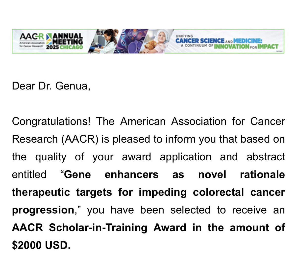 GenuaFlavia's tweet photo. Happy to be selected as one of the winners of a Scholar in Training Award to attend the next #AACR25!

Chicago, see you soon! https://t.co/wiebZ8UL9L