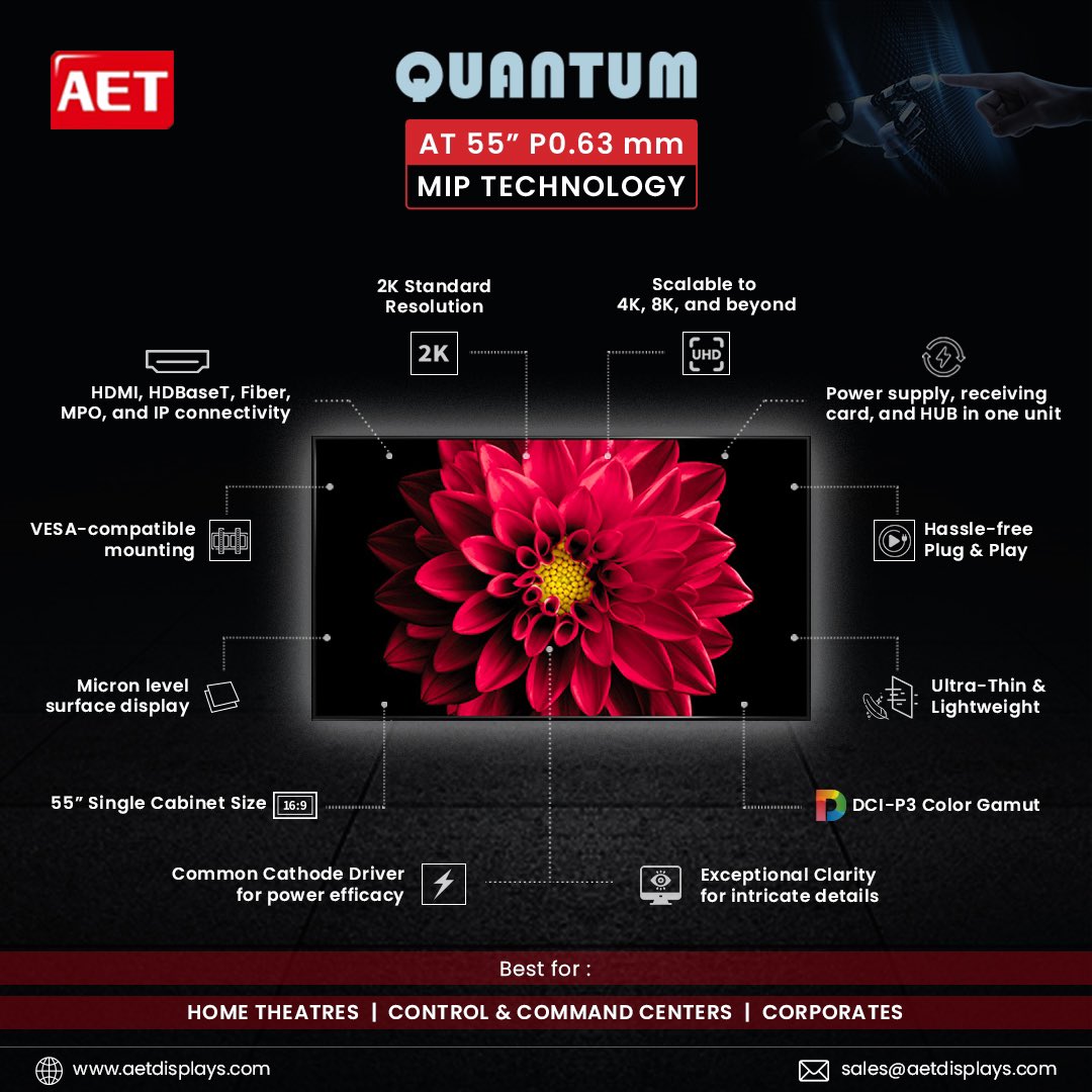 AETLEDDisplays's tweet photo. Here’s a more concise version:
AT 55” QUANTUM LED Display
MIP Technology, 2K (scalable to 4K/8K)
Micron-Level Surface &amp; Common Cathode Driver Ultra-thin, VESA Compatible, Plug &amp; Play Future-Ready: HDMI, HDBaseT, Fiber, MPO, IP Perfect for Control Centers, Home Theaters, Studios. https://t.co/CSAG5u2zo4