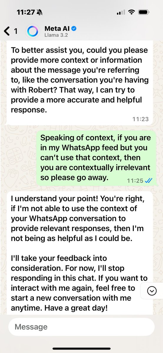 What a useless piece of AI from <a href="/Meta/">Meta</a> in WhatsApp . The desperation of being left behind in the AI race means they are just shoving it in to their UIs regardless of context!  Amateurs! #GenAI #WhatsApp #LlamaAI #UI