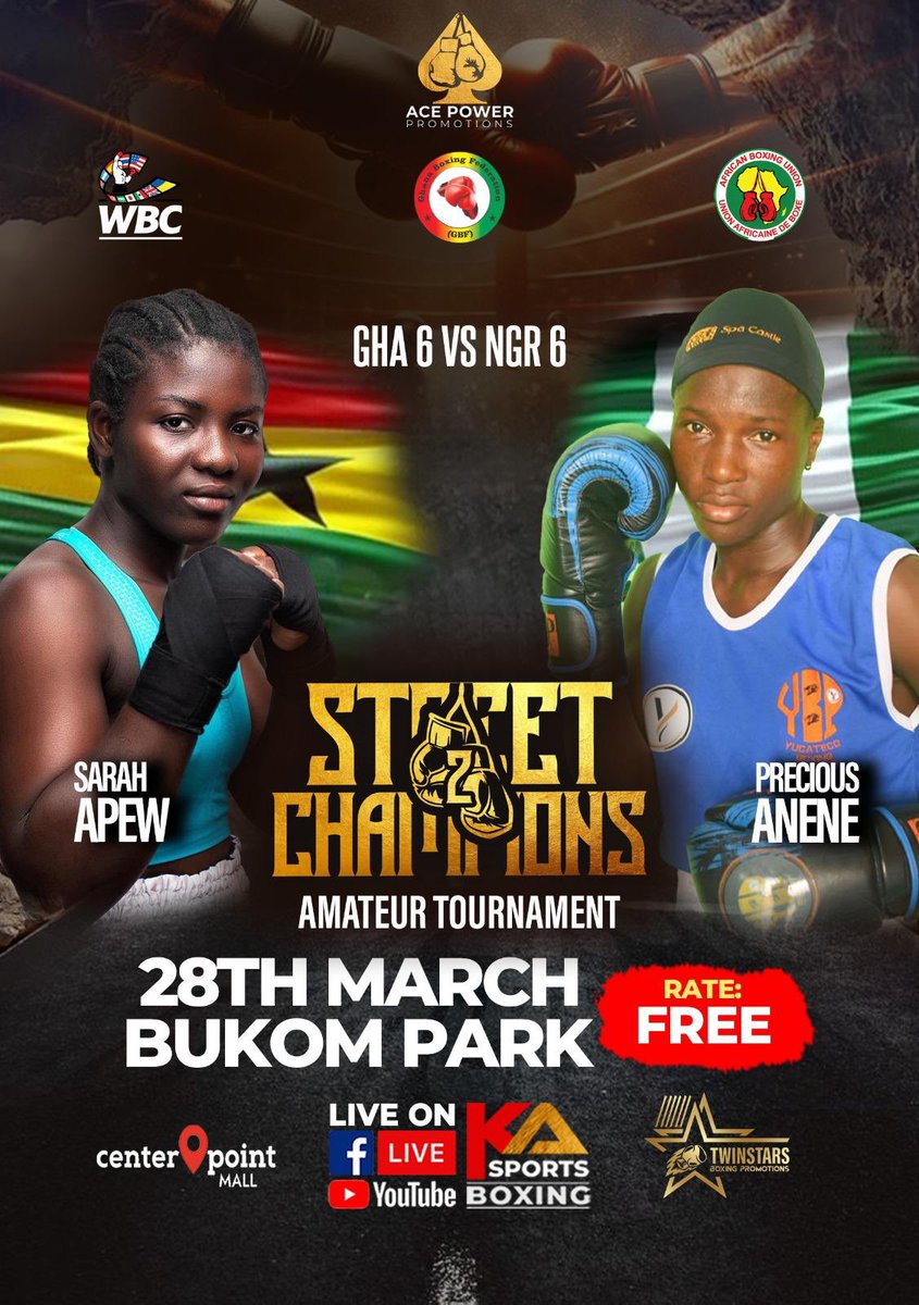Don't miss this exciting contest! Witness an incredible showdown as @sarahapew faces @preciousanene in a 60kg match that will thrill boxing fans. Join us on March 28th at Bukom Park to see greatness in action! #boxing #amateurboxing #street2champions #street2championsfightnight