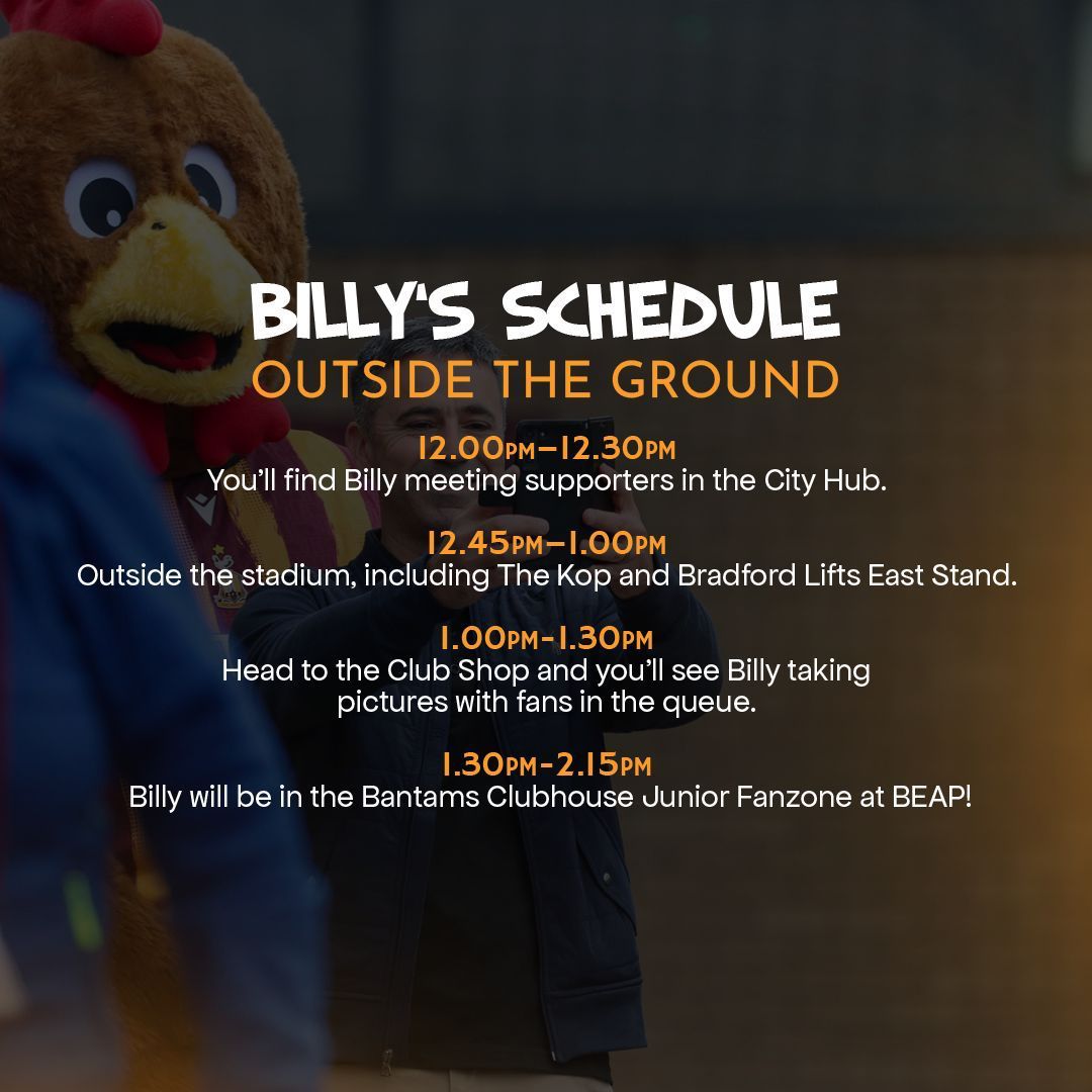 Billy Bantam (@billybantam1903) on Twitter photo I have woke up really excited for today's match at the <a href="/UniofBradford/">University of Bradford</a> Stadium against Colchester! ๐
See my full match-day schedule below. โฌ๏ธ
#BCAFC | <a href="/teachingperson/">Teaching Personnel</a> I have woke up really excited for today's match at the <a href="/UniofBradford/">University of Bradford</a> Stadium against Colchester! ๐
See my full match-day schedule below. โฌ๏ธ
#BCAFC | <a href="/teachingperson/">Teaching Personnel</a>