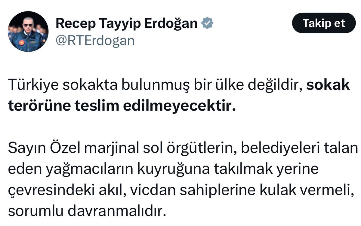 AKP Genel Başkanı, toplanma ve gösteri hakkının kullanılmasını “sokak terörü” olarak adlandırdı.

❌ Temel hakları terör ile ilişkilendiren bir parti başkanının ve cumhurbaşkanının varlığını utanç verici ve çağ dışı buluyoruz.