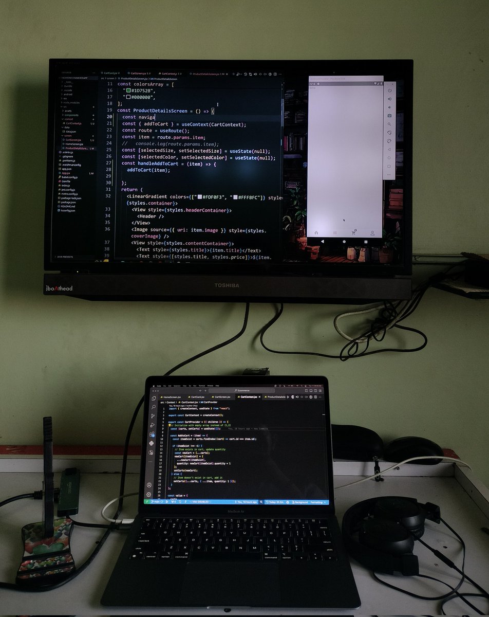 Paraskulkarni0's tweet image. My React Native setup! Working on my laptop while debugging on the big screen. 🚀📱💻 #ReactNative #CodingLife #DeveloperSetup