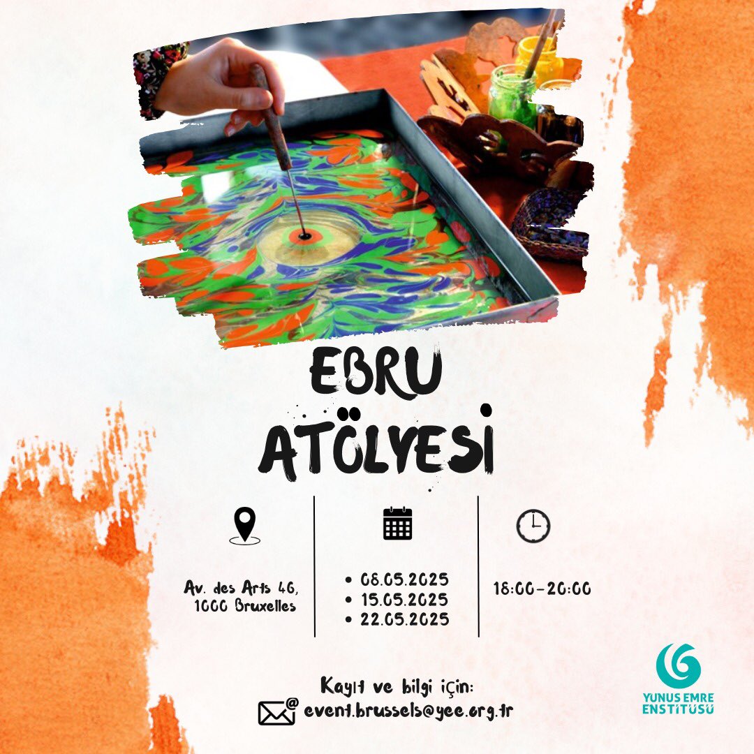 🎨 Türk Motifleriyle Ebru Atölyesi - 2. Dönem 

Yoğun ilgi üzerine Ebru Atölyelerimiz Brüksel'de kaldığı yerden devam ediyor! 

📩 Detaylı bilgi ve kayıt için:
 event.brussels@yee.org.tr
Yalnızca yeterli talep olması durumunda kurslarımız düzenlenecektir.