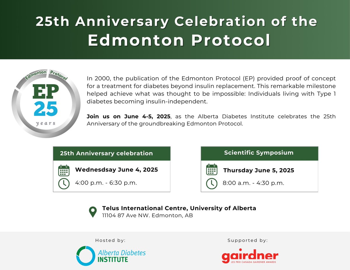 Dr Peter A Senior (@islettx) on Twitter photo Really excited to announce our event celebrating the 25th anniversary of publication of the #EdmontonProtocol #25EP <a href="/AlbertaDiabetes/">Alberta Diabetes</a> #T1D #islet_cells Really excited to announce our event celebrating the 25th anniversary of publication of the #EdmontonProtocol #25EP <a href="/AlbertaDiabetes/">Alberta Diabetes</a> #T1D #islet_cells
