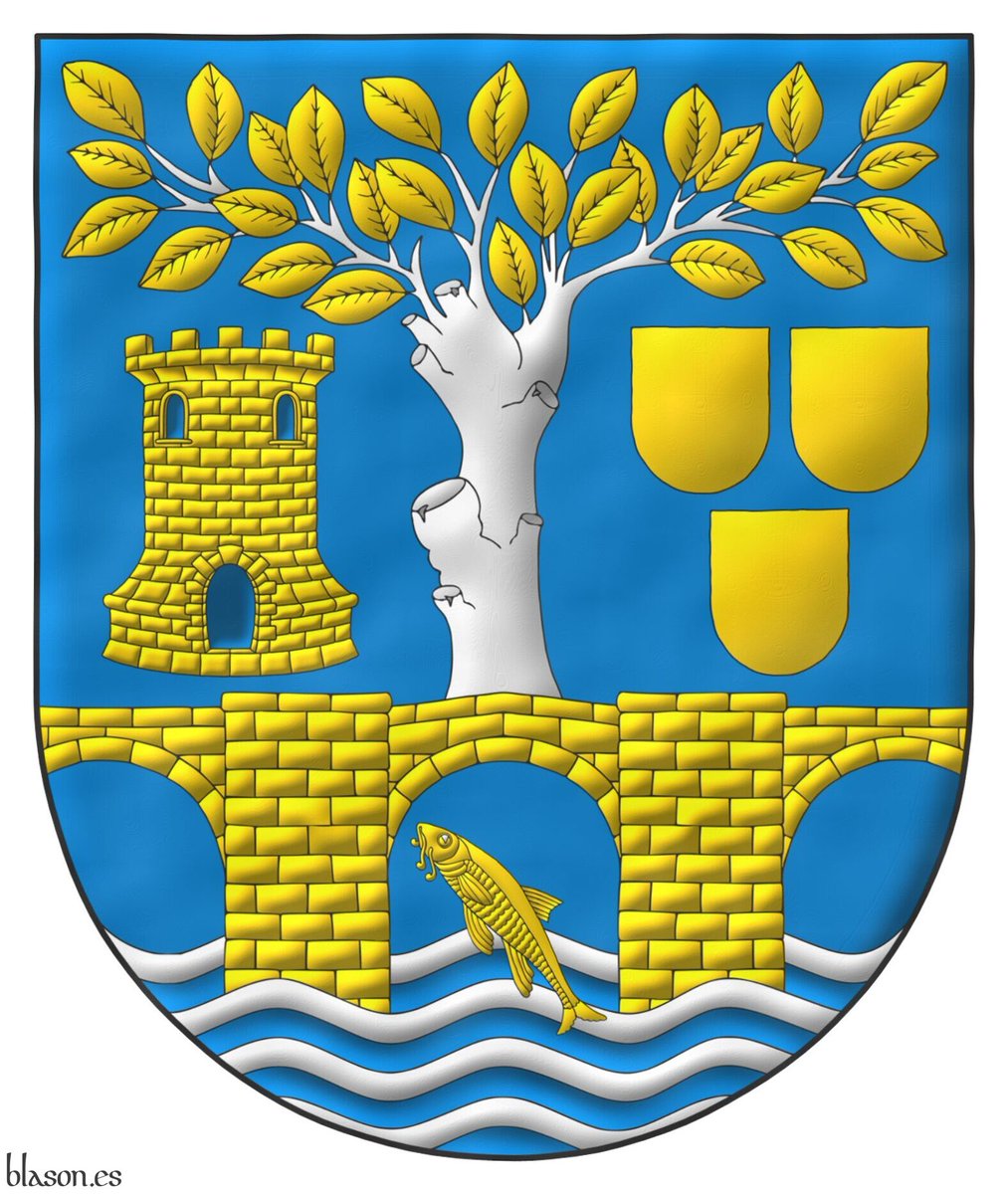 ntoniosalmeron's tweet photo. El escudo de armas de Pesquera del Ebro, Burgos, Castilla y León, diseñado y pintado por mí. 
#On #Bar #Wavy #Barbv#Bendwise #Bridge #Masoned #Throughout #Upon #Elm #Couped (tree) #Leaved #Tower #Port and Windows #Escutcheon #Ordered https://t.co/uO82DFDWo6