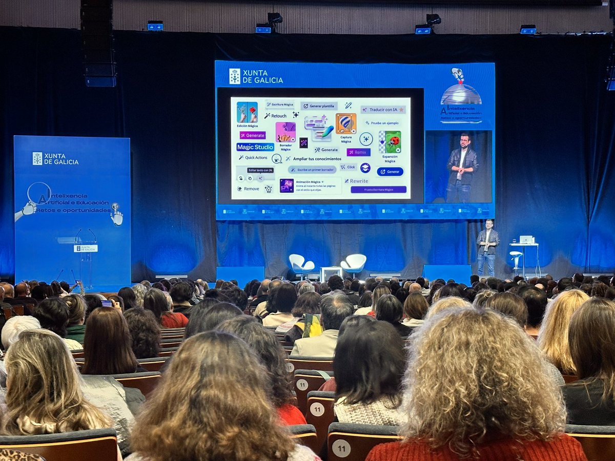 CAFIgalicia's tweet photo. 📊 "Intelixencia Artificial para a mellora da práctica docente": @cpoyatos amosa no Congreso #IA do #VAFI como estas ferramentas poden potenciar a planificación, personalizar a aprendizaxe e crear materiais inclusivos.
#formaciondocente
#CAFI_educaciondixital @profestv https://t.co/rG9VSoue85