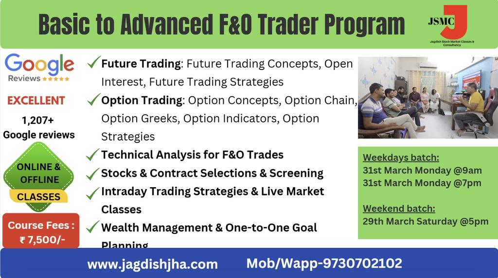 jagdishjhapage's tweet image. #JSMC Online/Offline Class Schedules:
Future &amp;amp; Options Analysis: 

Weekdays:
31st March Monday @9am
31st March Monday @7pm

Weekend:
29th March Saturday @5pm

Class Details: bit.ly/37ZTt4Z

WhatsApp me @ 9730702102 

Google Reviews: g.co/kgs/BWp8kz