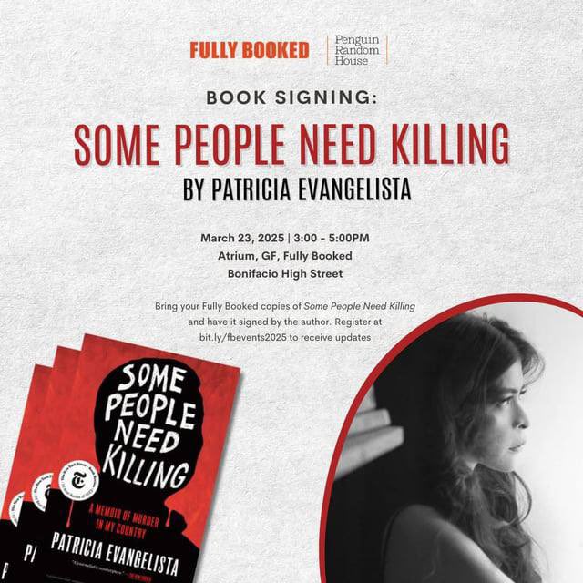 Patricia Evangelista (@patevangelista) on Twitter photo Looking forward to meeting readers tomorrow, Sunday, 3-5pm, at <a href="/_FullyBooked/">Fully Booked</a> BGC. Bring your copies for signing. See you soon. #SomePeopleNeedKilling <a href="/penguinrandom/">Penguin Random House 🐧🏠📚</a> Looking forward to meeting readers tomorrow, Sunday, 3-5pm, at <a href="/_FullyBooked/">Fully Booked</a> BGC. Bring your copies for signing. See you soon. #SomePeopleNeedKilling <a href="/penguinrandom/">Penguin Random House 🐧🏠📚</a>