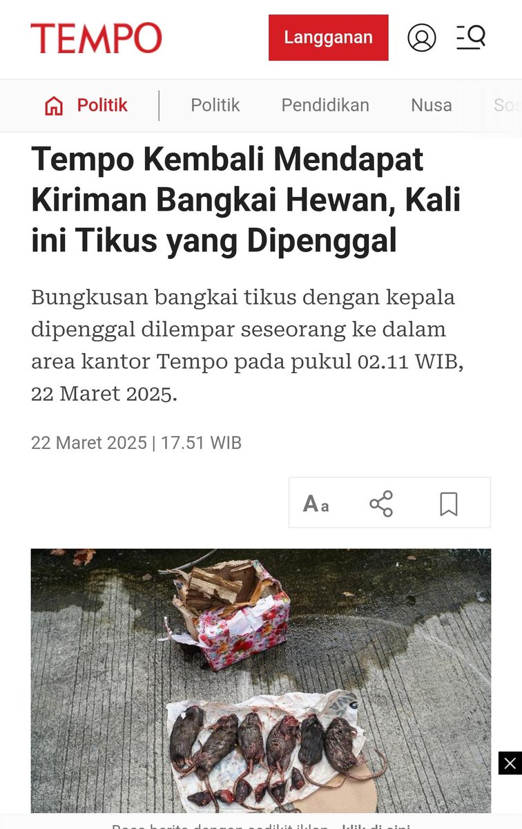 19 Maret: Tempo dpt kiriman paket kepala babi. 

22 Maret: Tempo dpt kiriman 6 bangkai tikus yg kepalanya terpenggal.

Ini serius. Kita sedang nggak baik2 saja.