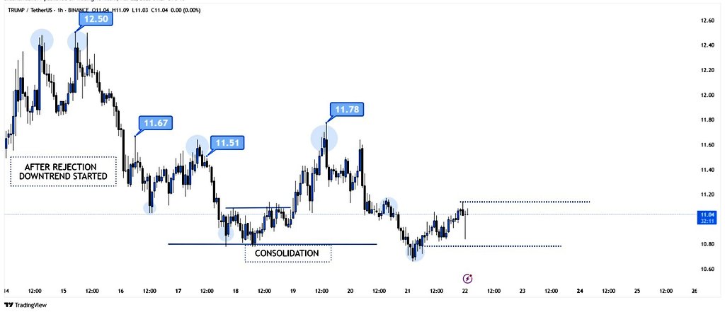 $TRUMP  found strong support near $10.80 after consolidation and is now forming higher lows early signs of a bullish reversal.

A breakout above $11.20 could trigger a rally toward $11.70+, making this a promising long setup.

#Trump #TradingView