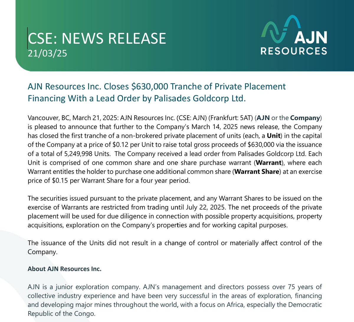 $AJN closes $630,000 tranche of private placement financing with a lead order by #PalisadesGoldcorp

🔗ajnresources.com/wp-content/upl…