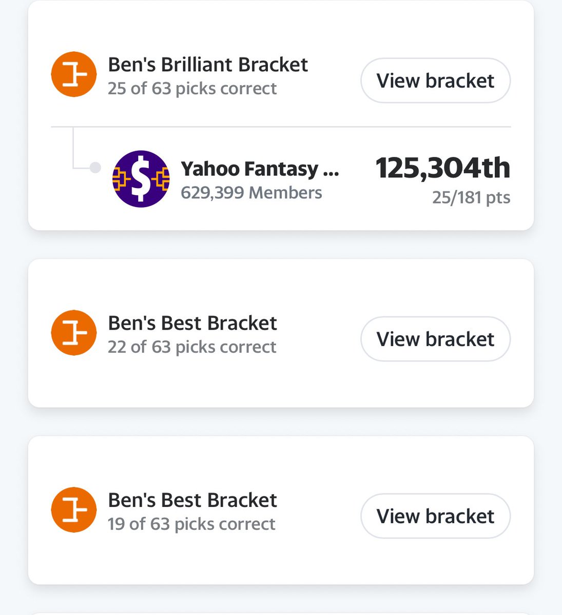 Not the worst first round all things considered for my three brackets, especially considering one was where I pushed the random button 5 times or so