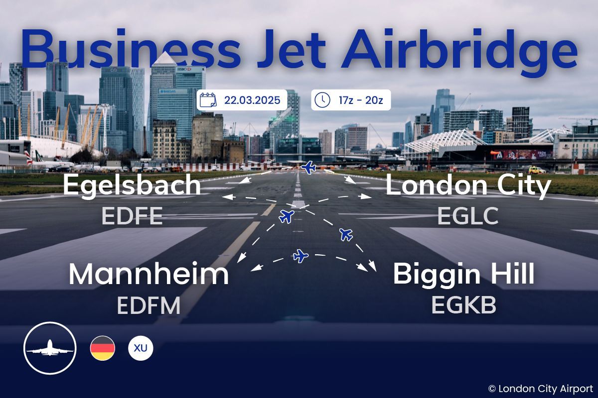 Businessjet Airbridge: Rhein-Main ↔ London

Erlebt die Eleganz des Businessjet-Fliegens auf unserer exklusiven Airbridge.
Am 15.03 von 17z bis 20z laden wir euch zu einem Shuttle-Service zwischen Deutschland und Großbritannien ein.

Mehr Infos: link.ivao.de/BizzJet-Airbri…