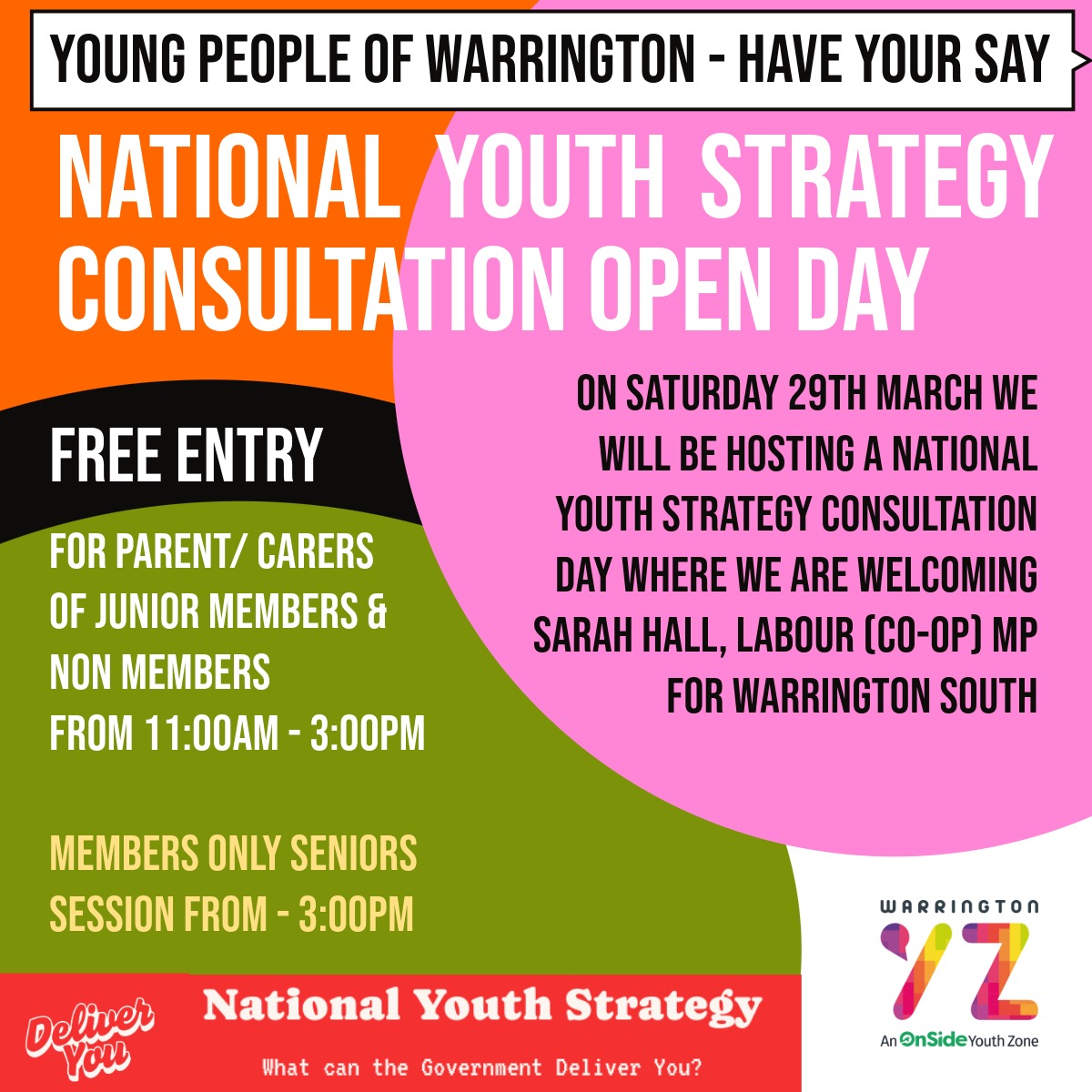 Warrington Youth Zone (@warringtonyz) on Twitter photo Young people of Warrington: have your say! 🗣️
We are hosting a National Youth Strategy Consultation Day, where we will be joined by <a href="/Sarah_Hall81/">Sarah Hall MP</a>, MP for Warrington South 🌹
This event is open to the public, but you must have a child over seven years of age with you to enter. Young people of Warrington: have your say! 🗣️
We are hosting a National Youth Strategy Consultation Day, where we will be joined by <a href="/Sarah_Hall81/">Sarah Hall MP</a>, MP for Warrington South 🌹
This event is open to the public, but you must have a child over seven years of age with you to enter.